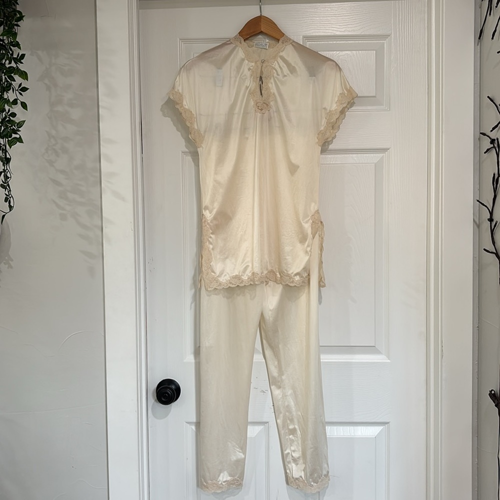 Vintage Cream Satin Pajama Set with Lace Trim